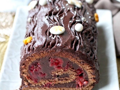 Bûche ganache chocolat au thé & framboises